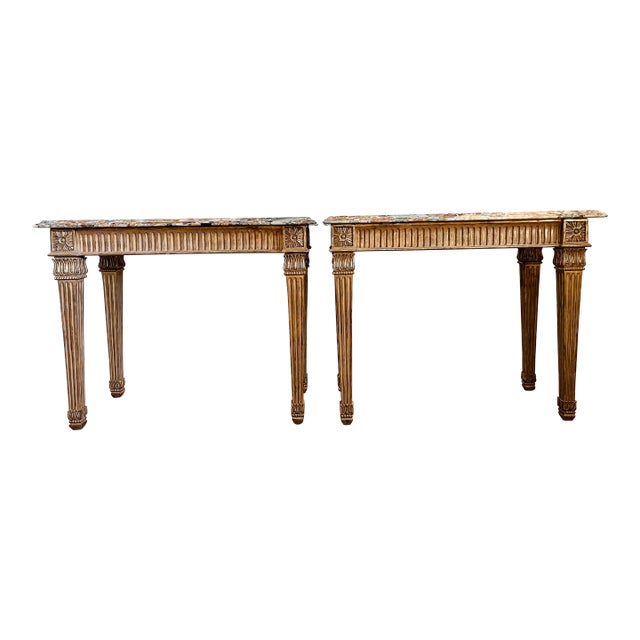 Pair of French Louis XIV Style Gilded Marble Top Console Tables For Sale
