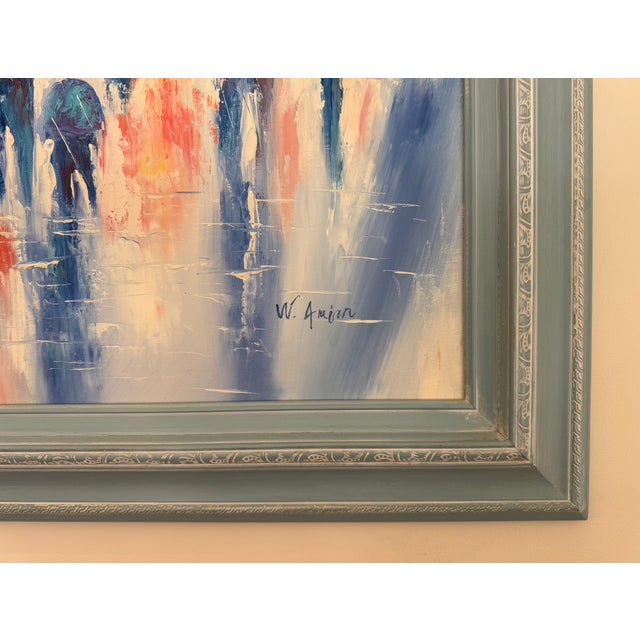 Blue Mid-Century Impressionist Rainy Cityscape by W. Amion – Heavy Slate Blue Frame For Sale - Image 8 of 15