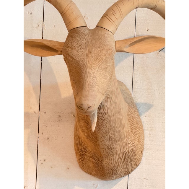 A striking hand-carved wooden head, mounted for the wall and crafted with remarkable detail from the finely textured fur...