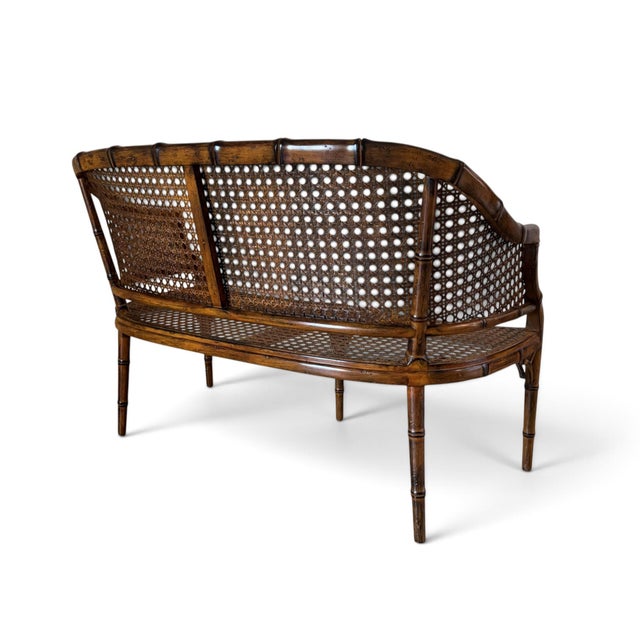 Hollywood Regency Faux Bamboo Cane Settee For Sale - Image 9 of 18