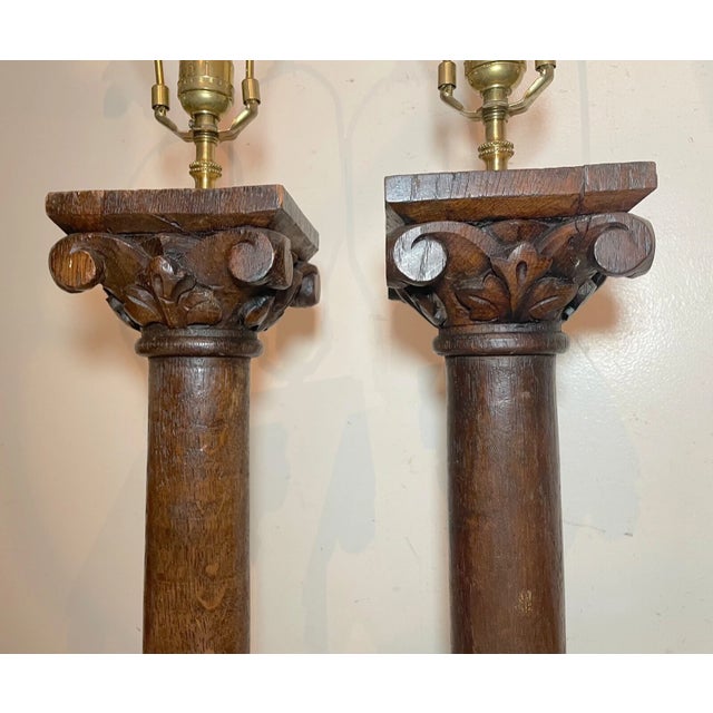 Brown Pair of Antique 1800's Carved Wood Figural Sculpture Architectural Salvage Lamps For Sale - Image 8 of 12