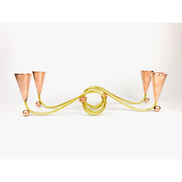 Vintage hand-made set of mid century, modernist Los Castillo-style candelabras. Sculptural, mixed metal body of copper +...