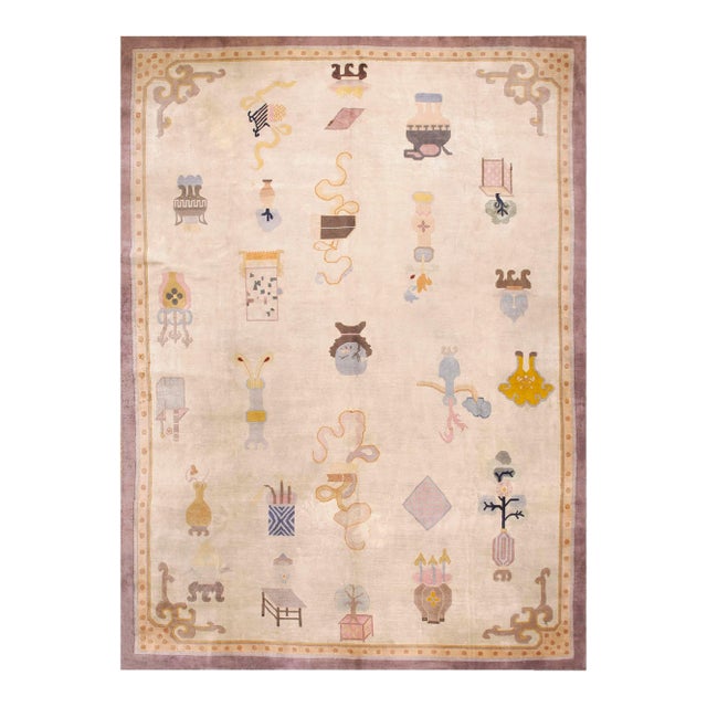 1920s Ivory Cream Art Deco Influences 100 Antiques Pattern Chinese Peking Rug For Sale