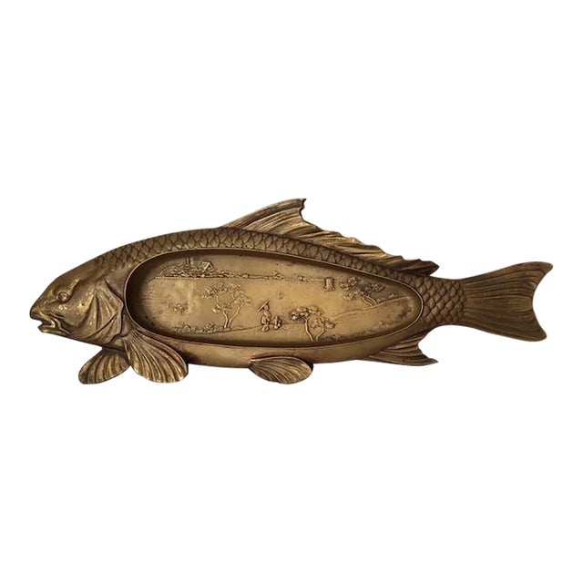 Antique Art Deco Asian Coy Fish Tray, Bronze Pen Holder, Desk or Vanity Tray For Sale