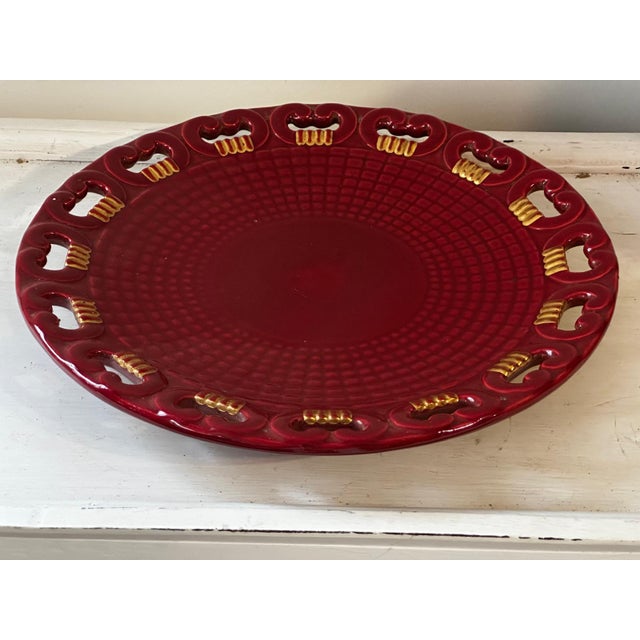 Large Model No. 4162 Openwork Platter in Ruby ​​Red Glazed Earthenware with Gilt Highlights Blanche Letalle for Saint-...