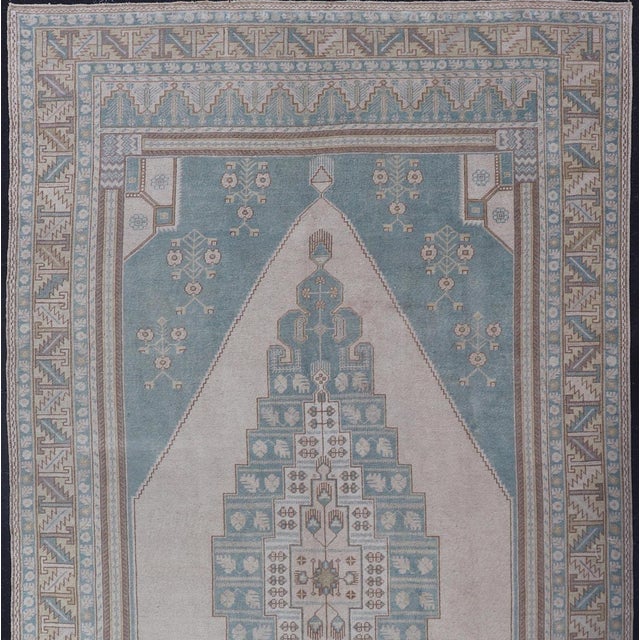 Faded vintage Turkish Oushak rug with Central Medallion in cream and blue, rug TU-MTU-6011, country of origin / type:...