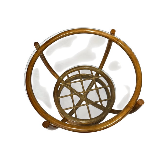 Vintage 1970s Italian Modern Style Round Glass and Rattan Coffee Side Table For Sale - Image 4 of 5