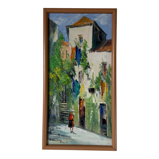 Vintage European Street Scene Oil on Canvas – Framed For Sale