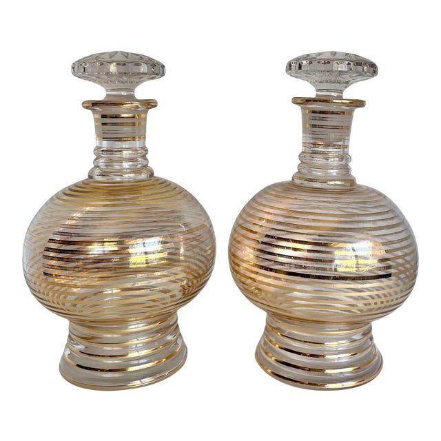 Pair of Art Deco Gold Striped Glass Decanters For Sale