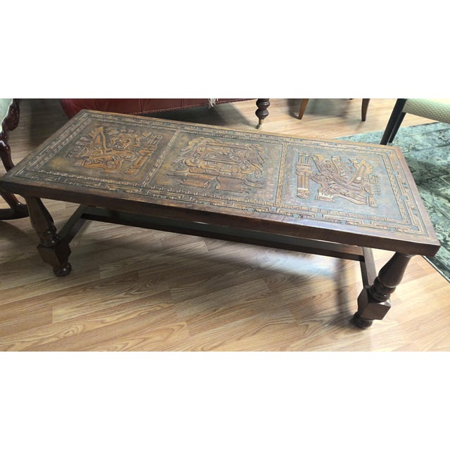1960'S Angel Pazmino attributed brown leather embossed coffee table with 2 side tables. This 3 piece set is a must for...