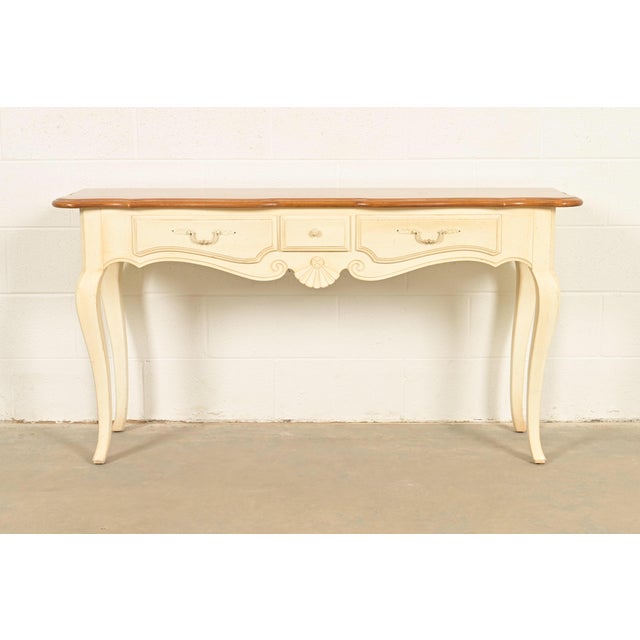 French Provincial Ethan Allen French Country Cream Lacquered Maple Top Console Table For Sale - Image 3 of 16