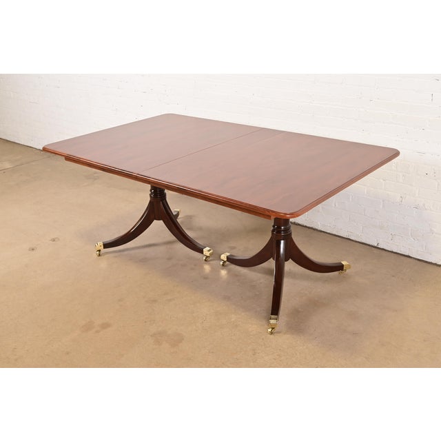 Baker Furniture Style Georgian English Yew Wood and Mahogany Double Pedestal Extension Dining Table, Newly Refinished For Sale - Image 9 of 12