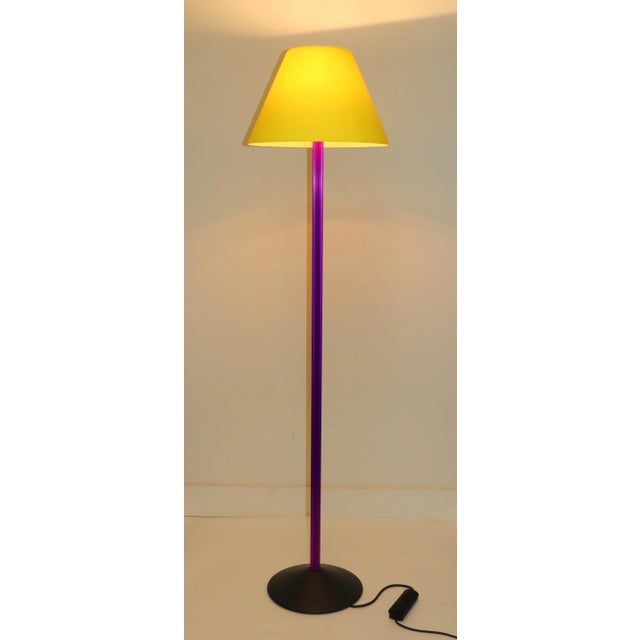 Rare Carlo Nason Floor Lamp Murano Lemon Yellow Hand Blown Glass Diffuser with White Interior. Fuchsia Anodized Stem. The...