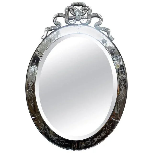 Large Antique Oval Etched Venetian Mirror With Bow For Sale - Image 11 of 12