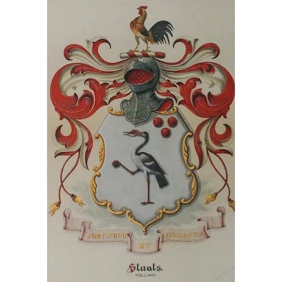 Beautiful gouache armorial coat-of-arms whose motto reads 'Fortitudo Et Vigilantia' for Staats Holland Signed: Dempsey...