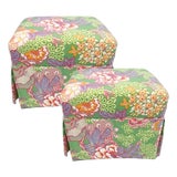Pair Custom Floral Coastal Custom Upholstered Bench Ottomans With Skirt For Sale