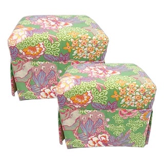 Pair Custom Floral Coastal Custom Upholstered Bench Ottomans With Skirt For Sale