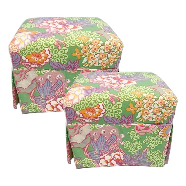 Pair Custom Floral Coastal Custom Upholstered Bench Ottomans With Skirt For Sale