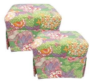Pair Custom Floral Coastal Custom Upholstered Bench Ottomans With Skirt