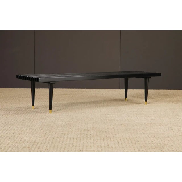 1960s Mid-Century Modern Slatted Wood Bench or Table W Brass Sabots, Refinished, 1960s For Sale - Image 5 of 15