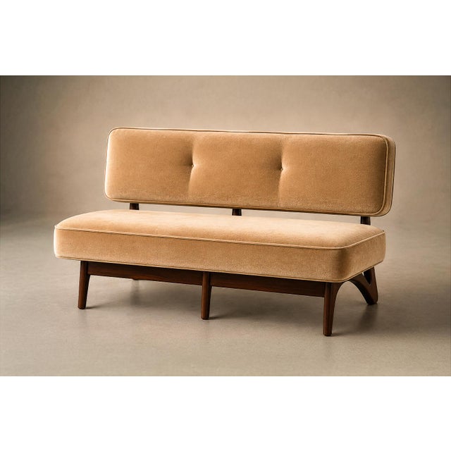 Brazilian Modern Sofa in Imbuia Wood and Champagne Camel Mohair, Cimo, Brazil, 1950s For Sale - Image 18 of 18