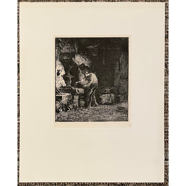 Charles Émile Jacque (1813–1894) "La Forge" etching on tissue laid onto card. Unsigned. Sheet: 11.5 x 9 inches Image: 6 x...