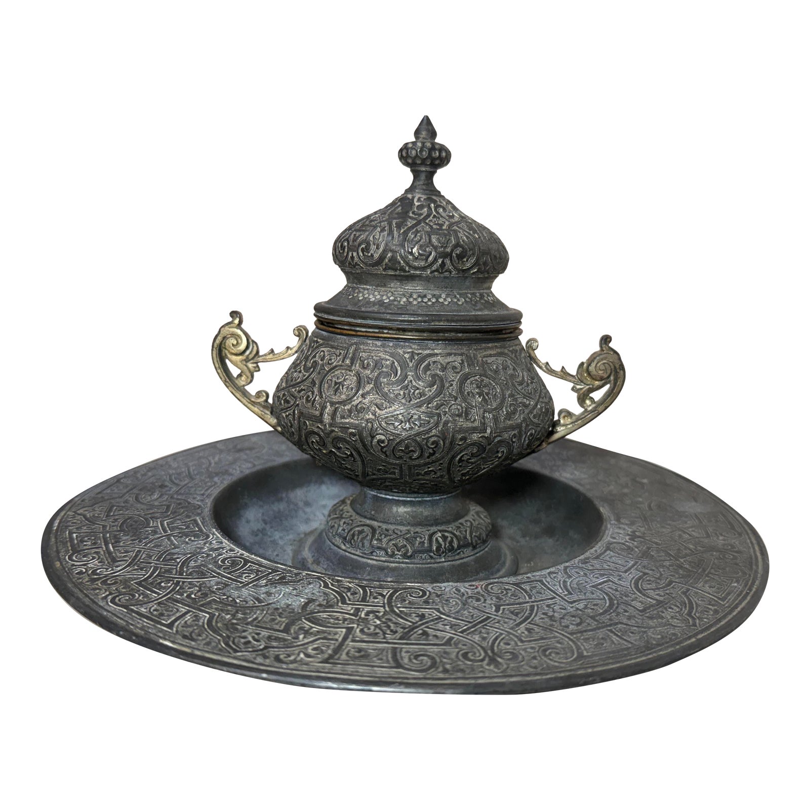 Large Antique Ornate 19th Century Victorian Metal Bronze Desk Inkwell ...