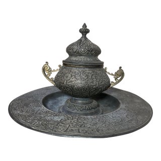 Large Antique Ornate 19th Century Victorian Metal Bronze Desk Inkwell Stand Jar For Sale