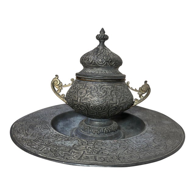 Large Antique Ornate 19th Century Victorian Metal Bronze Desk Inkwell Stand Jar For Sale