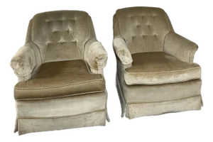 Pair of Vintage Hammary Tufted Velvet Lounge Chairs – Warm Camel Beige (Non-Swivel)