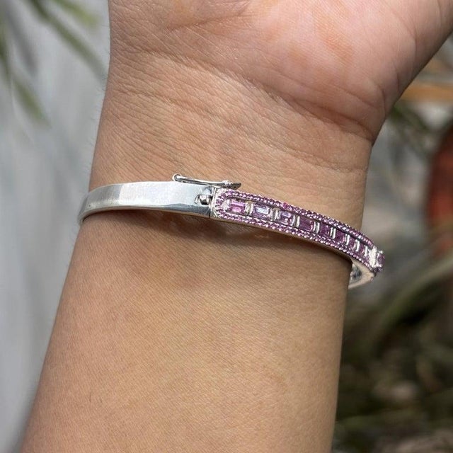 Gemstone 925 Sterling Silver Geometric Hinged Bangle With Mixed Cut Pink Sapphires - Caratandher For Sale - Image 7 of 15