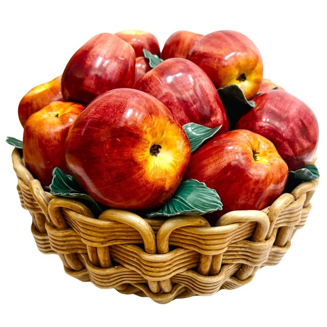 Late 20th Century Late 20th Century Oversized Italian Hand-Painted Ceramic Apple Basket Topiary Sculpture For Sale - Image 5 of 7