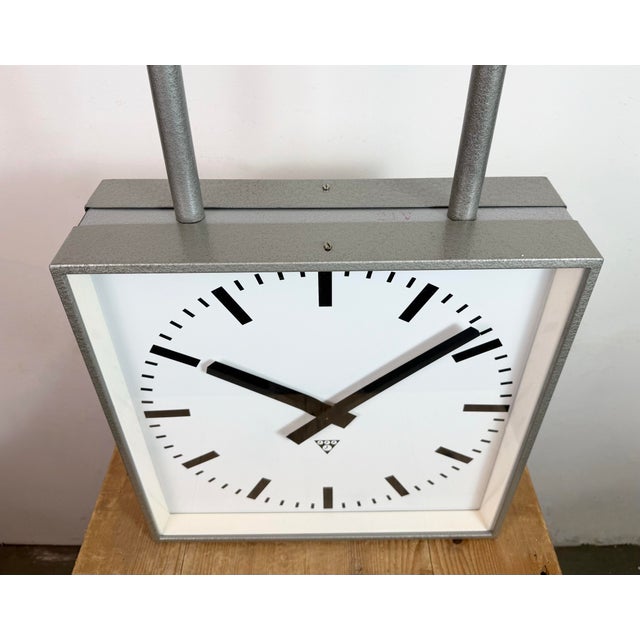 Industrial Large Industrial Double-Sided Factory Clock from Pragotron, 1970s For Sale - Image 3 of 18