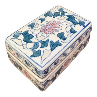 Vintage Chinoiserie Porcelain Box With Lid, Pink & Blue Lotus Motif For Sale