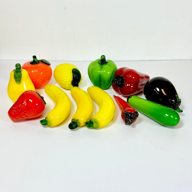 Mid-Century Italian Venetian Glass Fruit & Vegetables in Wire Bowl Murano Attributed - Set of 13 For Sale - Image 10 of 13