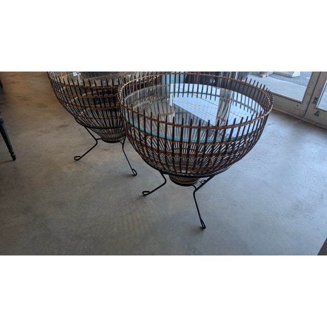 1960s Mid-Century Franco Albini Style Rattan, Iron & Glass Fish Trap Side Tables - A Pair For Sale - Image 10 of 14
