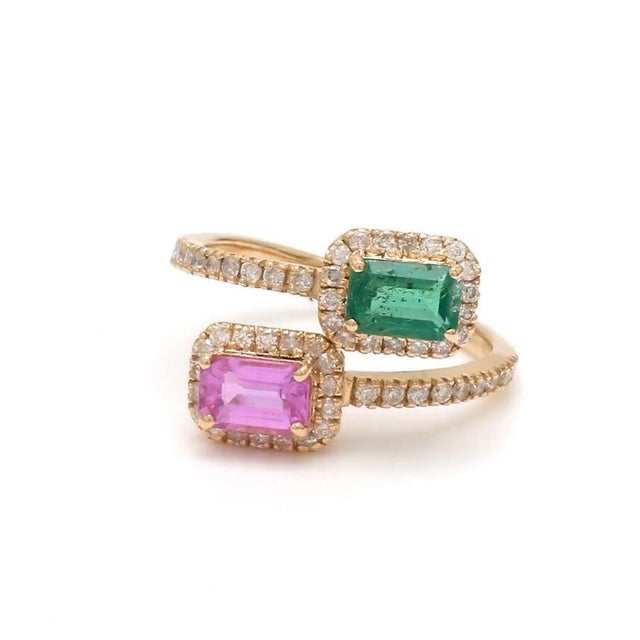 Natural 0.67 cts Zambian emerald and 0.73 cts sapphire ring in 14k gold For Sale - Image 14 of 18