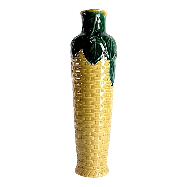 Tall Ceramic Dark Green Yellow Flower Vase For Sale