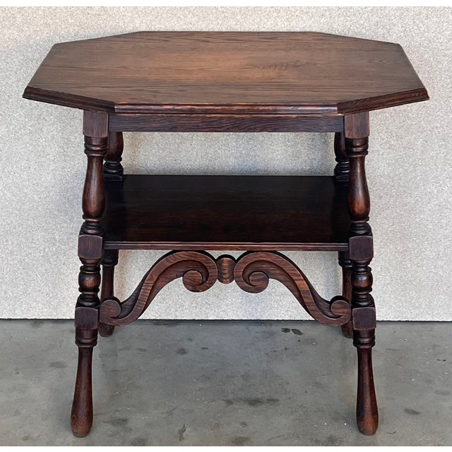 Spanish Two-Tier Walnut Console Side Table With Carved Legs and Stretcher For Sale - Image 4 of 13