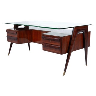 Mid-Century Modern Vittorio Dassi Desk, Wood and Glass, 1950s For Sale