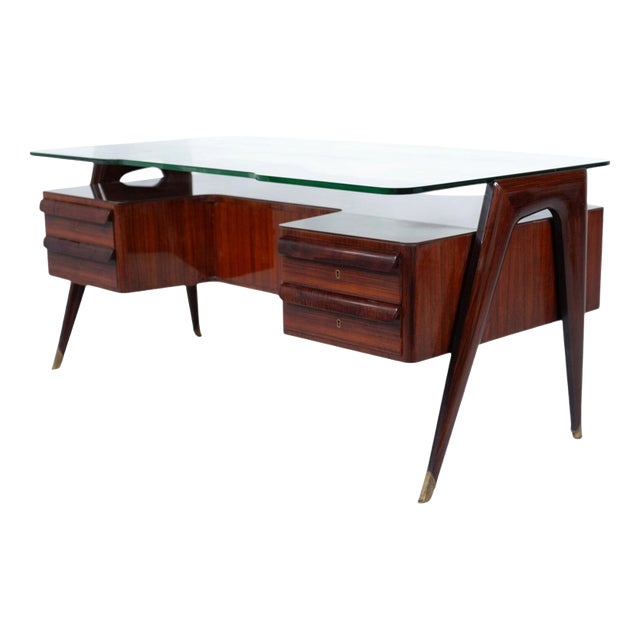 Mid-Century Modern Vittorio Dassi Desk, Wood and Glass, 1950s For Sale