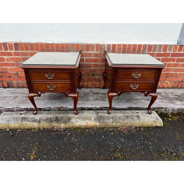 Pair Of Vintage Thomasville Queen Anne Style Solid Cherry 2 Drawer Nightstands -End Side Tables .With Glass Top. Solid...