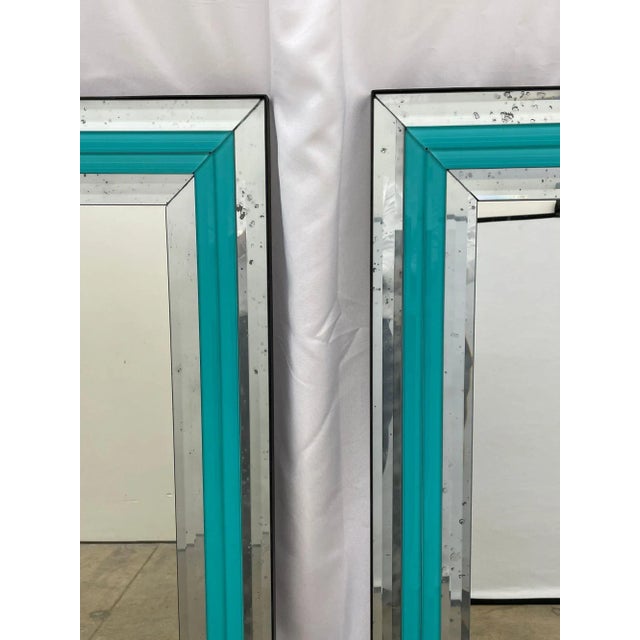 Glass Pair of Art Deco Wall, Mantle or Console Mirrors With Turquoise Beveled Frames For Sale - Image 7 of 9