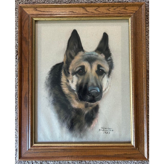 Beautiful, realistic pastel portrait of a German Shepherd dog. Signed and dated, 1983, to the lower right. In wood frame...