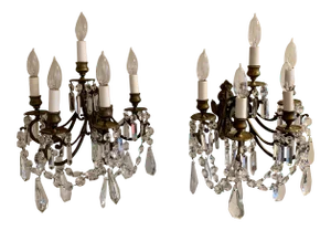 19th Century French Louis XV 5 Light Bronze and Crystal Sconces - a Pair