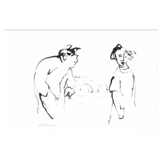 Mino Maccari, Lovers in Wind, Ink Drawing, 1960s For Sale