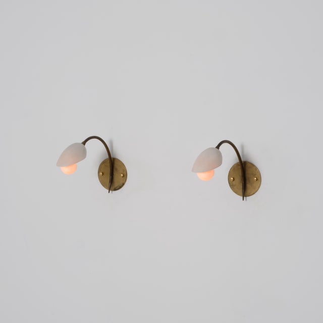 Italian Curved Brass and Opaline Glass Sconces, 1950s, Set of 2 For Sale - Image 10 of 13