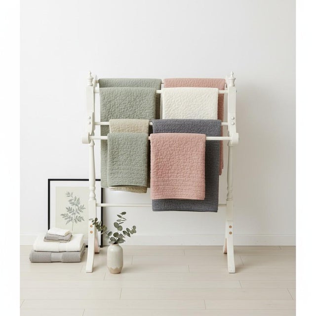 Vintage White Wood Quilt Rack Stand-Farmhouse-Towel-Blanket Holder-Linen-Throw For Sale - Image 6 of 11