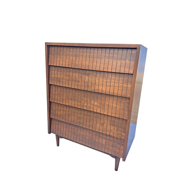 Wood Vintage Mid Century Modern Tall Highboy Dresser in Tessellated Layered Design Chest of Drawers For Sale - Image 7 of 9