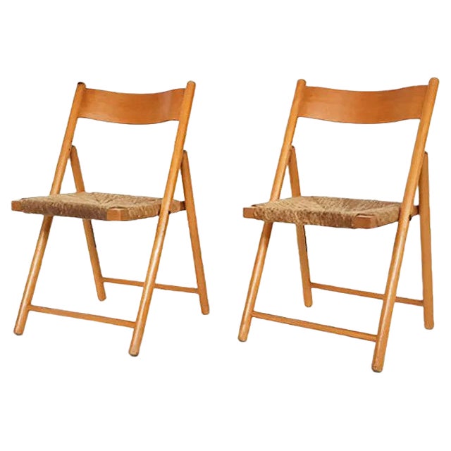 Set of Beech and Rush Folding Chairs, 1960s For Sale